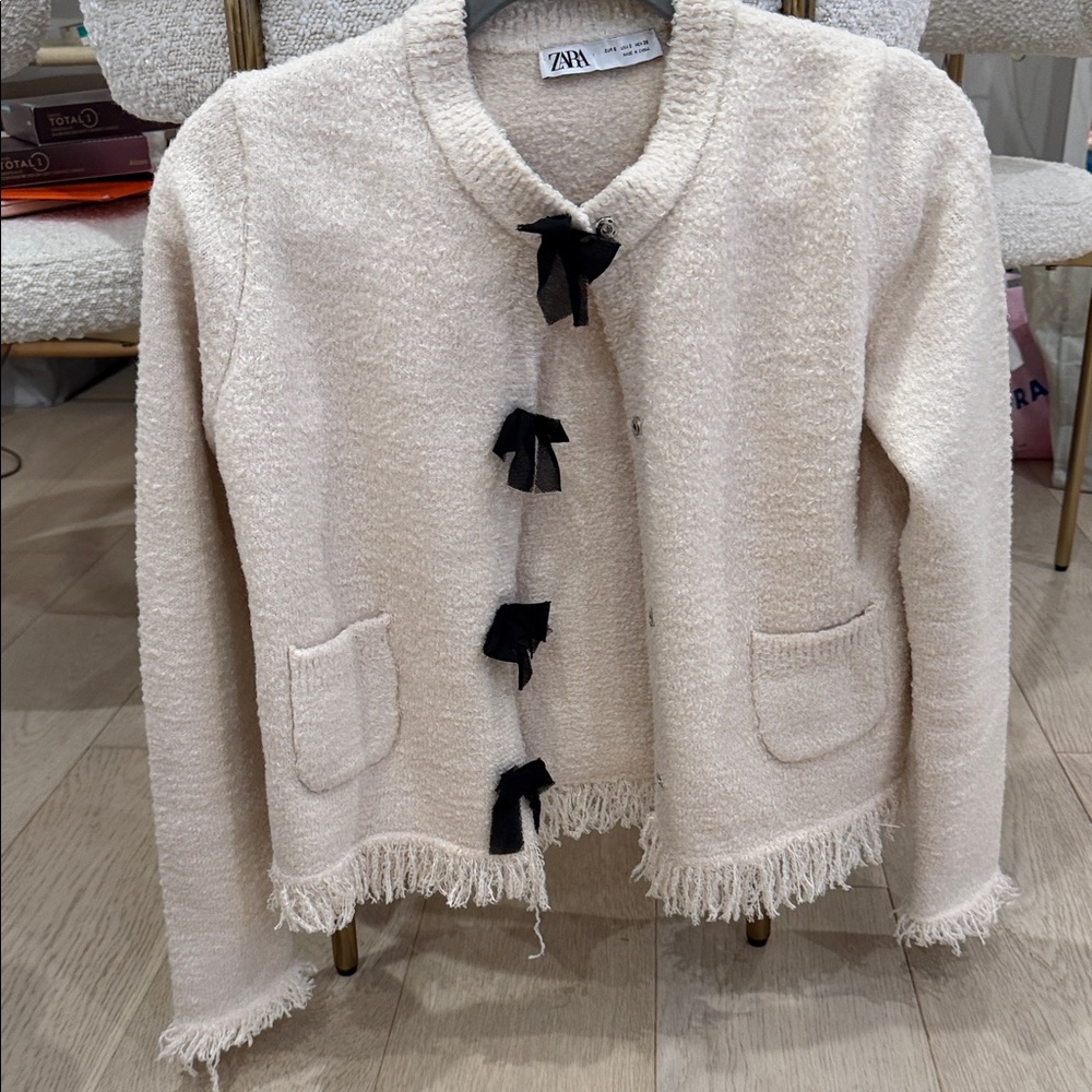 Zara Cream Teddy Jacket with Black Accents